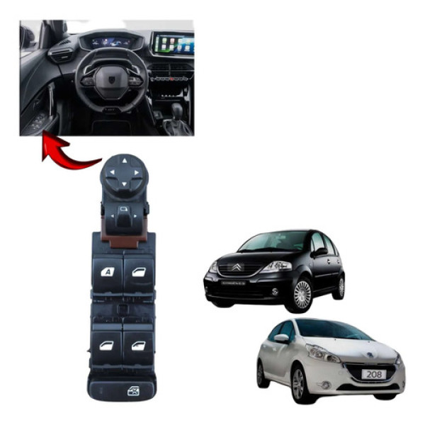 Comando Vidro Eletrico  Dianteiro Esquerdo Peugeot 208 2008